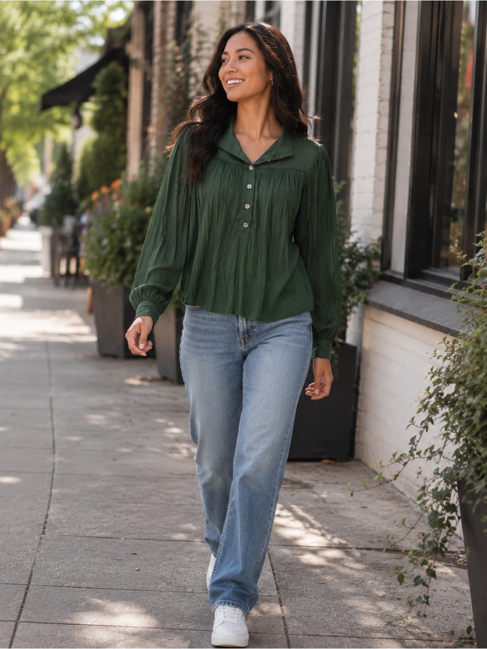 Anthropologie Dark Green Pleated Long Sleeve Blouse XS